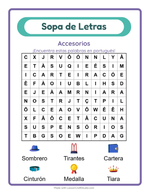 Sopa de letras en portugués con imágenes – Accesorios
