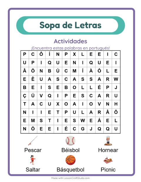 Sopa de letras en portugués con imágenes – Acciones