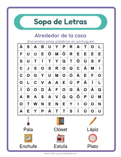Sopa de letras en portugués con imágenes – Por La Casa