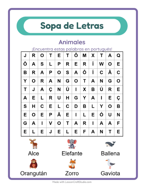 Sopa de letras en portugués con imágenes – Animales