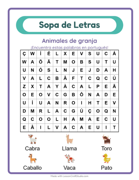 Sopa de letras en portugués con imágenes – Animales De Granja