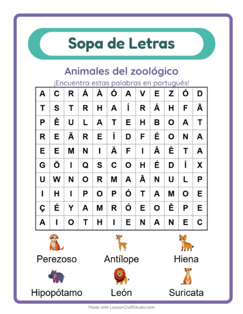 Sopa de letras en portugués con imágenes – Animales Del Zoológico