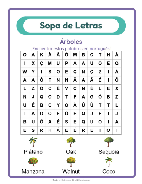 Sopa de letras en portugués con imágenes – Árboles