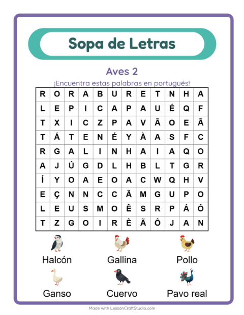 Vista previa de Aprender portugués: Aves 2 – sopa de letras para niños