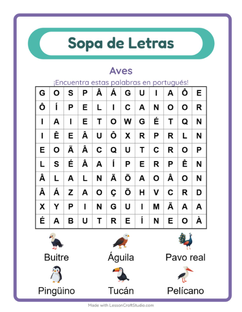 Sopa de letras en portugués con imágenes – Aves