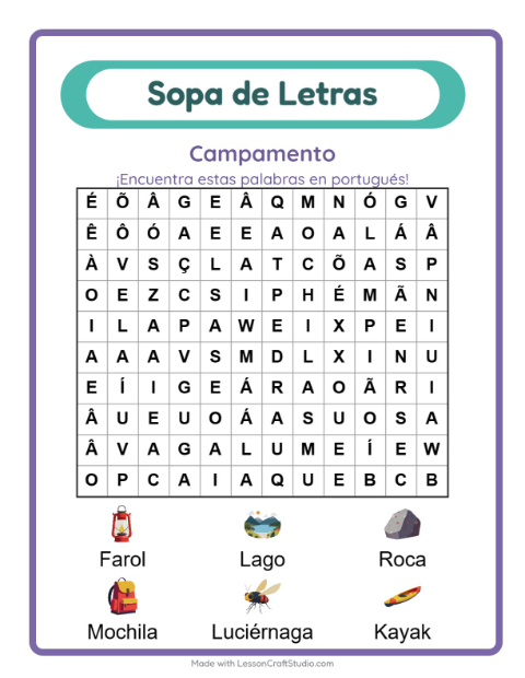 Vista previa de Aprender portugués: Acampada – sopa de letras para niños