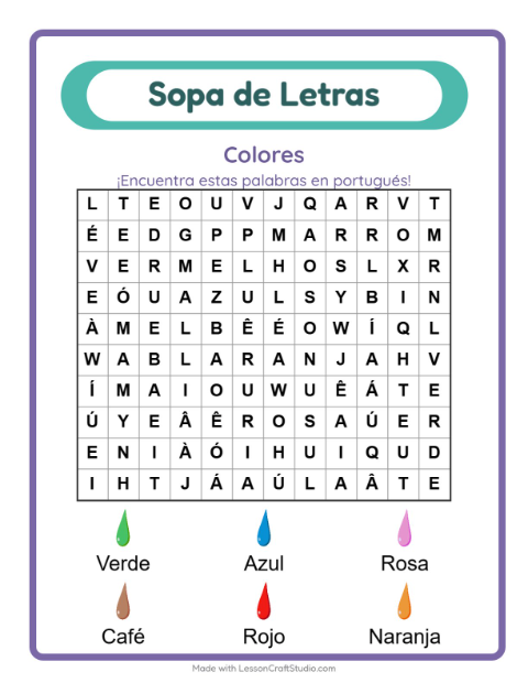 Sopa de letras en portugués con imágenes – Colores