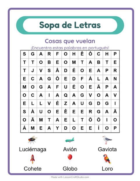 Vista previa de Aprender portugués: Cosas Que Vuelan – sopa de letras para niños