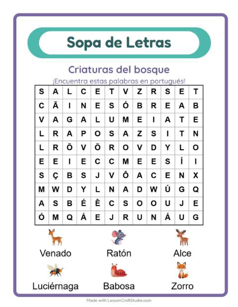 Aprender portugués: Animales Del Bosque – sopa de letras para niños — 2