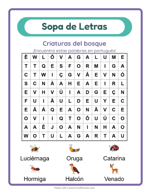 Sopa de letras en portugués con imágenes – Animales Del Bosque