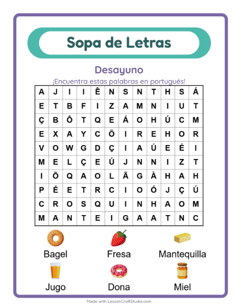 Sopa de letras en portugués con imágenes – Desayuno