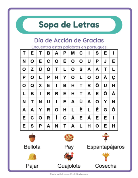 Sopa de letras en portugués con imágenes – Acción De Gracias