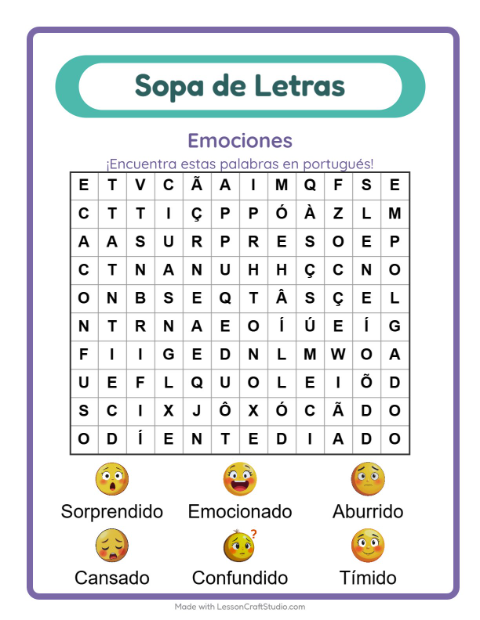 Sopa de letras en portugués con imágenes – Emociones