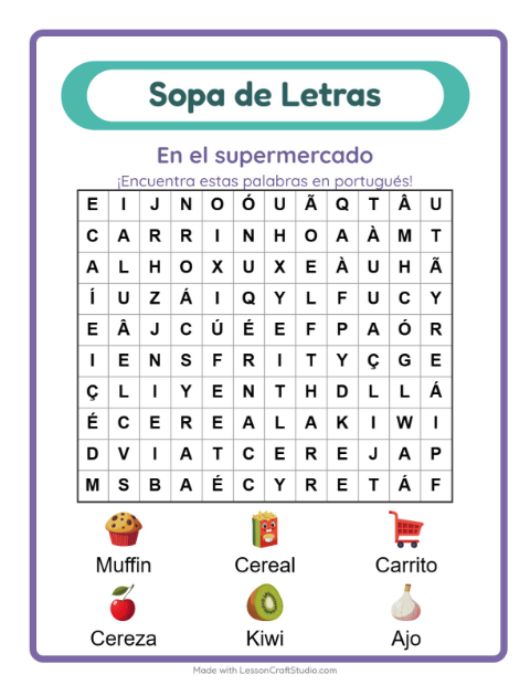Sopa de letras en portugués con imágenes – En El Supermercado