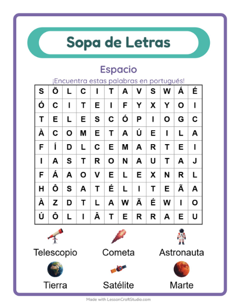 Vista previa de Aprender portugués: Espacio – sopa de letras para niños