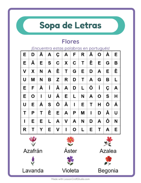 Vista previa de Aprender portugués: Flores – sopa de letras para niños
