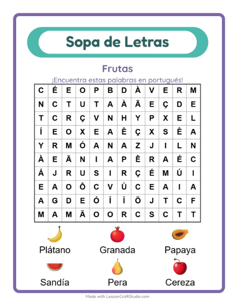 Vista previa de Aprender portugués: Frutas – sopa de letras para niños