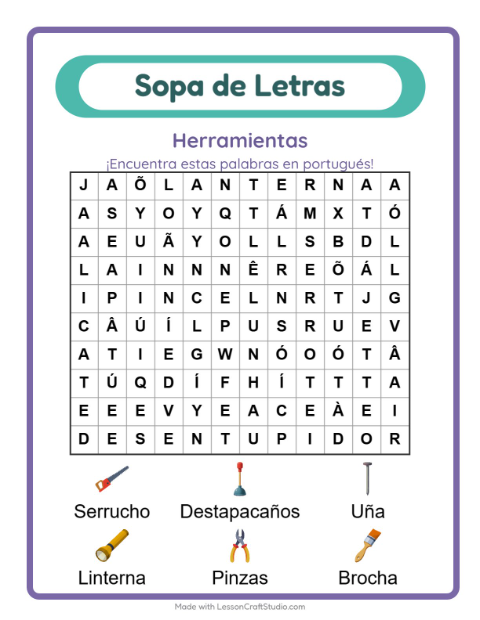 Sopa de letras en portugués con imágenes – Herramientas