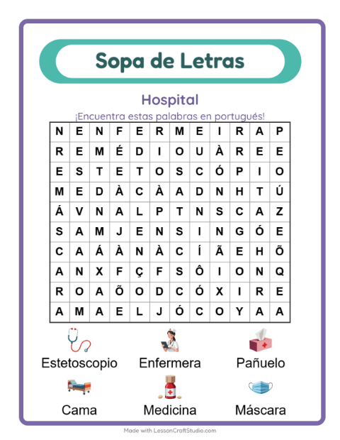 Sopa de letras en portugués con imágenes – Hospital