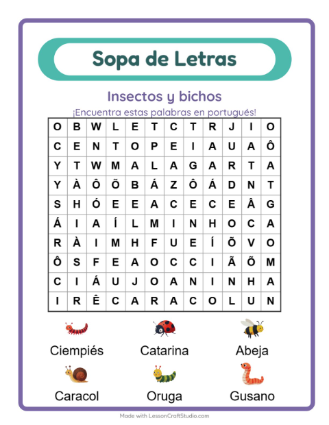 Sopa de letras en portugués con imágenes – Insectos Y Bichos