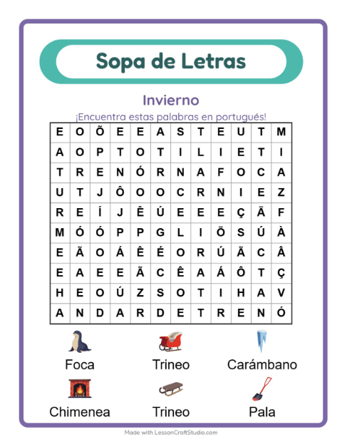 Sopa de letras en portugués con imágenes – Invierno