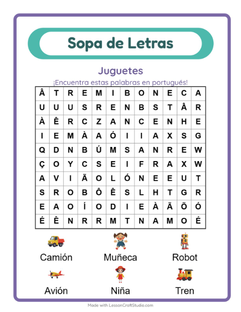 Sopa de letras en portugués con imágenes – Juguetes