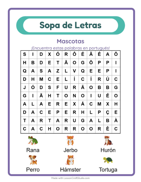 Vista previa de Aprender portugués: Mascotas – sopa de letras para niños