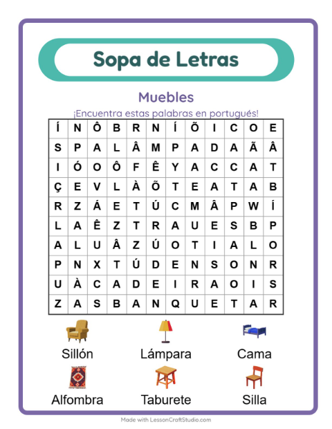 Sopa de letras en portugués con imágenes – Muebles
