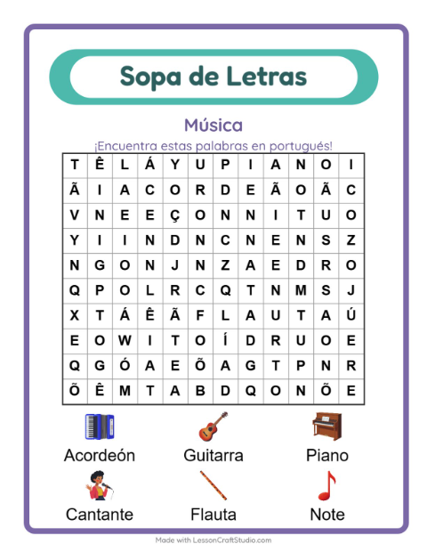 Sopa de letras en portugués con imágenes – Música