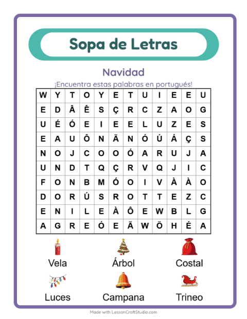 Sopa de letras en portugués con imágenes – Navidad