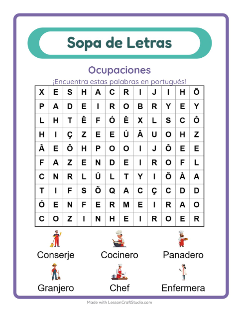 Sopa de letras en portugués con imágenes – Oficios