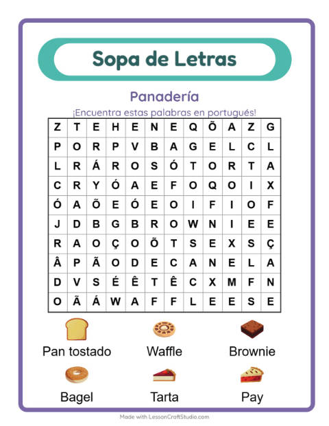 Sopa de letras en portugués con imágenes – Panadería