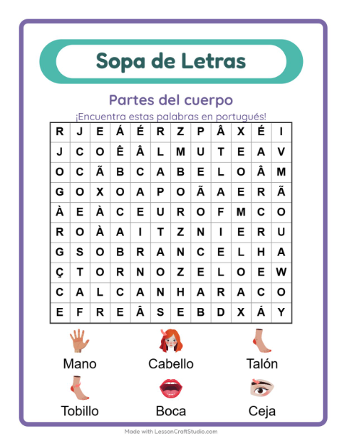 Sopa de letras en portugués con imágenes – Partes Del Cuerpo
