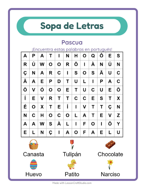 Sopa de letras en portugués con imágenes – Pascua