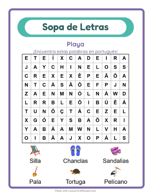 Sopa de letras en portugués con imágenes – Playa