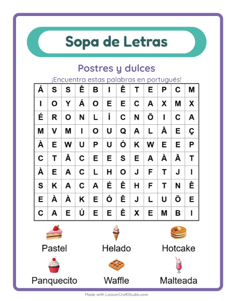 Sopa de letras en portugués con imágenes – Postres Y Dulces