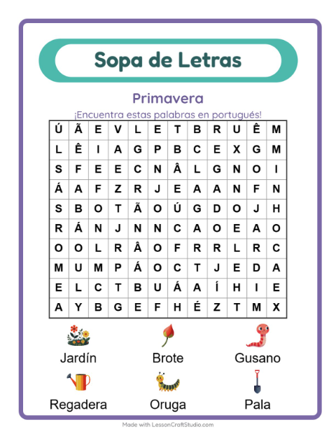 Vista previa de Aprender portugués: Primavera – sopa de letras para niños