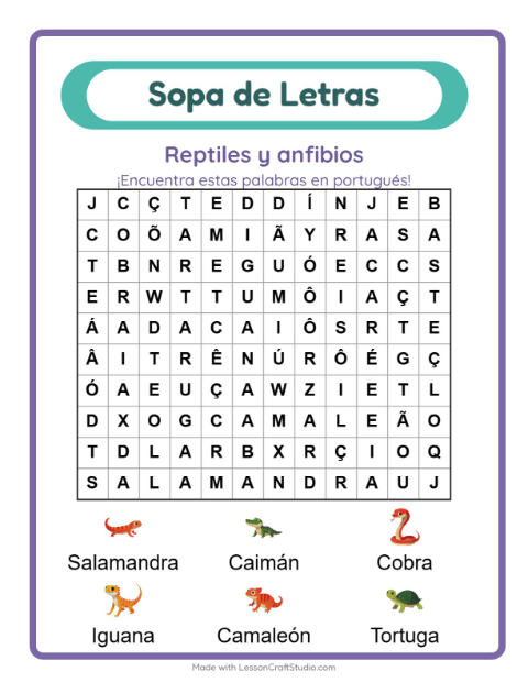 Sopa de letras en portugués con imágenes – Reptiles Y Anfibios