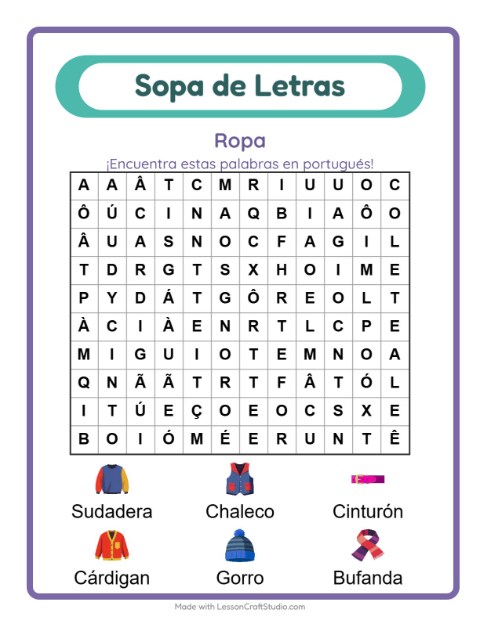 Sopa de letras en portugués con imágenes – Ropa