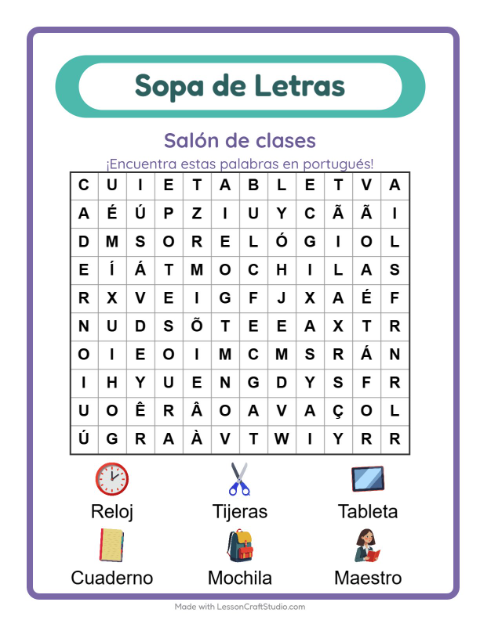 Sopa de letras en portugués con imágenes – Aula