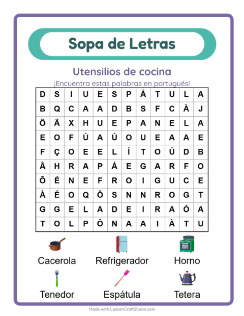 Sopa de letras en portugués con imágenes – Utensilios De Cocina