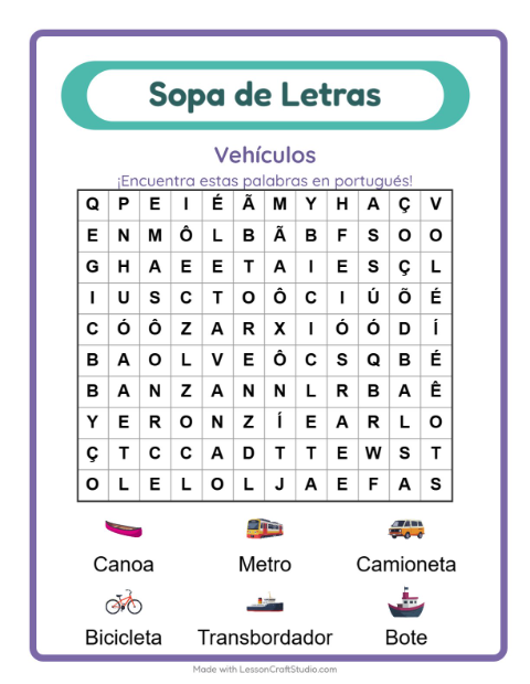 Sopa de letras en portugués con imágenes – Vehículos