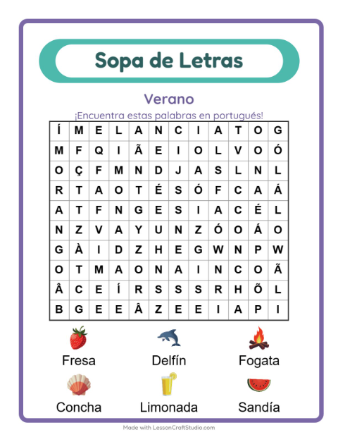 Sopa de letras en portugués con imágenes – Verano