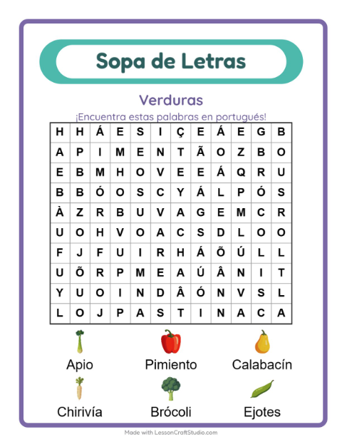 Sopa de letras en portugués con imágenes – Verduras