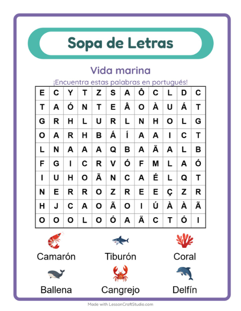 Sopa de letras en portugués con imágenes – Vida Marina