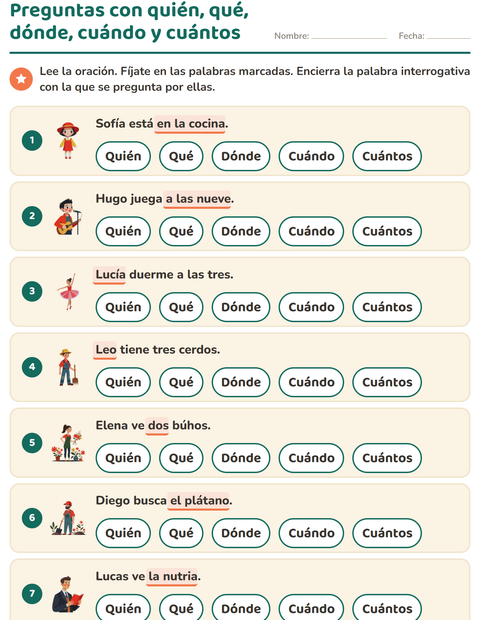 Vista previa de la hoja de Preguntas con quién, qué y dónde para grado 1