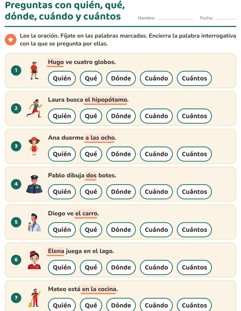 Vista previa de la hoja de Preguntas con quién, qué y dónde para grado 1