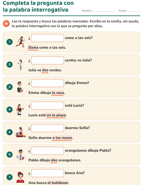 Vista previa de la hoja de Preguntas con quién, qué y dónde para grado 1