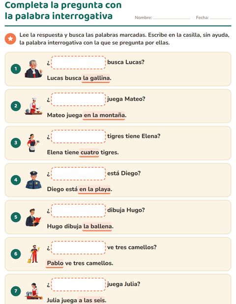 Vista previa de la hoja de Preguntas con quién, qué y dónde para grado 1