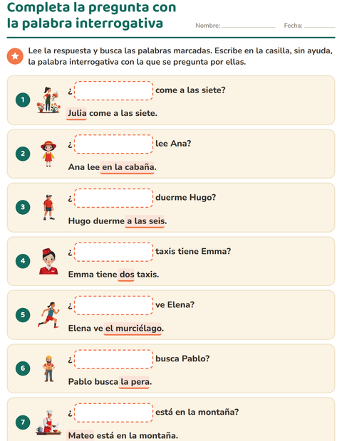 Vista previa de la hoja de Preguntas con quién, qué y dónde para grado 1